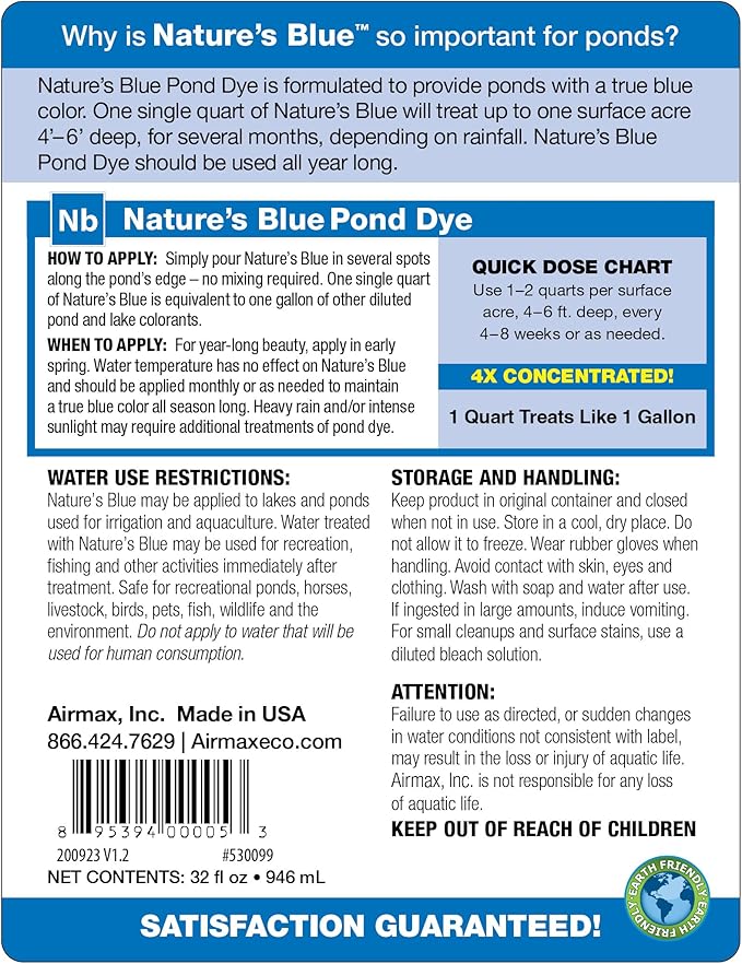 Airmax Nature's Blue Pond Dye 4X Concentrate for Outdoor Ponds & Lakes, Natural Pond Colorant & Beauty Enhancer, Block Ultraviolet Rays, Fish, Bird & Livestock Safe, Easy Liquid Application, 1 Quart