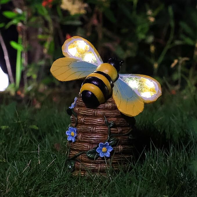 Garden Statue Bee Decor-Outdoor Statue Bees Decorations-Solar Garden Light Bumble bee Figurine Patio,Balcony,Yard,Lawn Ornament Mom Gift