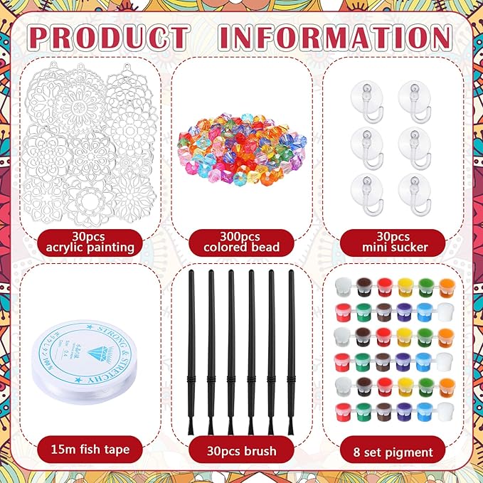 30 Sets Suncatchers Window Art Kits, DIY Sun Catchers Bulk Crafts Paint Your Own Window Ornaments for Boys Girls Classroom Home Party Birthday Activity Decor(Mandala Style)
