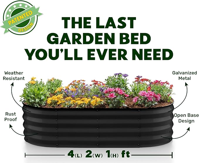 Galvanized Raised Garden Beds Outdoor // 4×2×1 ft Planter Raised Beds for Gardening, Vegetables, Flowers // Large Metal Garden Box (Black) // Patented Tool-Free Design