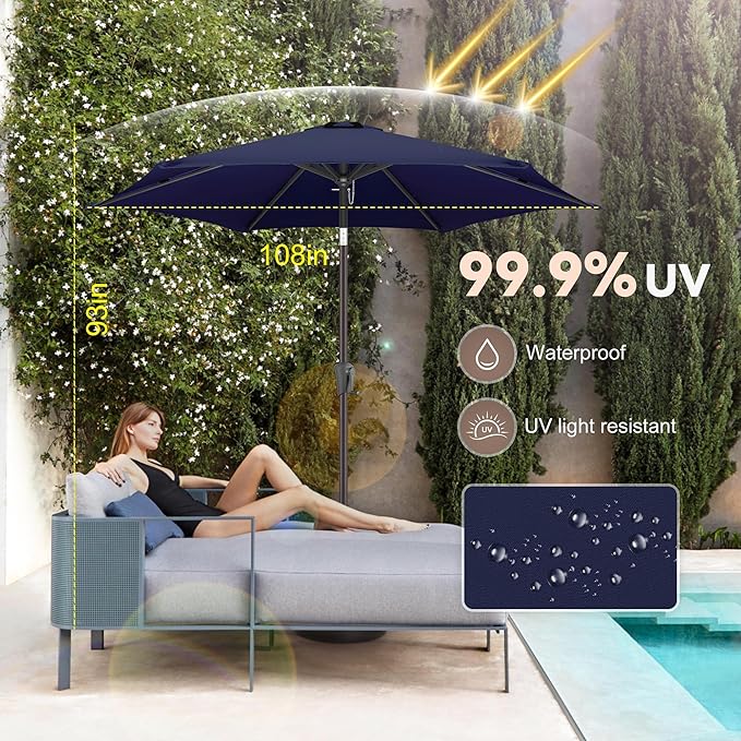 9ft Outdoor Patio Umbrella - Table Umbrella Waterprool UV Protection, Sombrillas de Patio with Push Button Tilt&Crank, Sun Umbrella for Pool, Porch, Garden, Deck, Backyard(Dark Blue)