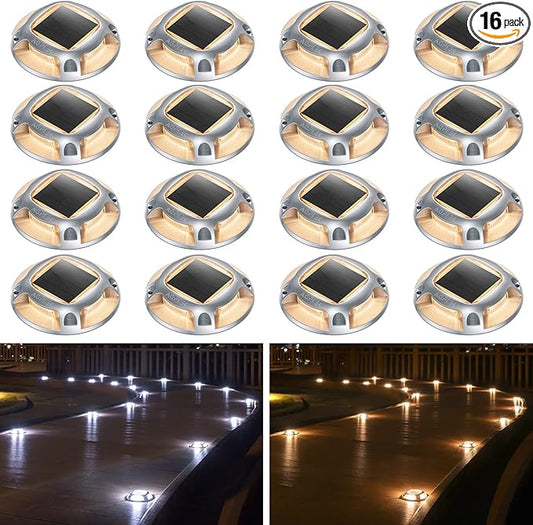 AGPTEK Solar Driveway Lights Outdoor 16 Pack, 2 Color Modes LED Deck Dock Marine Waterproof Driveway Marker Lights for Step Sidewalk Stair Garden Pathway Walkway Yard (Warm White/Cool White)