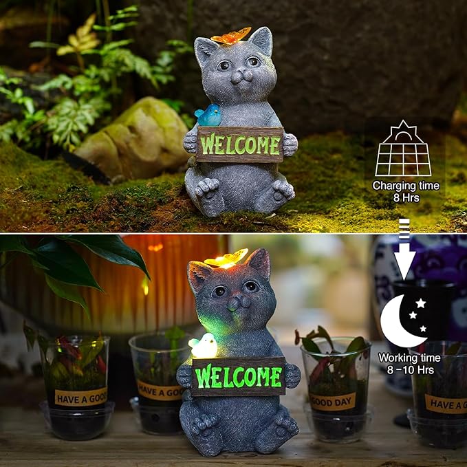 Goodeco Solar Cat with Welcome Sign - Outdoor Cat Statue with Solar Butterfly & Bird Lights - Perfect Cat Decor for Cat Lovers, Ideal Housewarming Gifts for Women & Moms (Gray)