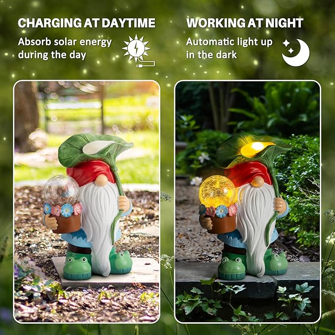 Garden Gnome Decor, Solar Gnomes Decorations Outdoor Gnome Statue Figurine with Solar LED Lights for Outside Lawn Patio Yard Gifts for Mom/Grandma/Birthday