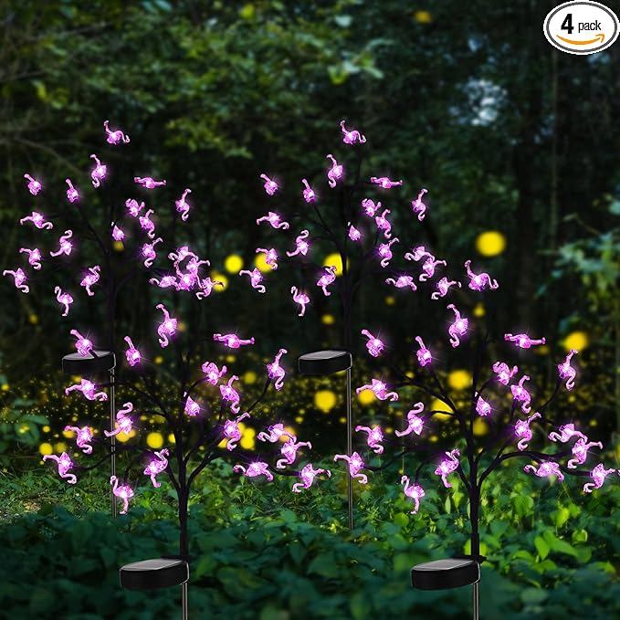 4 Pcs Pink Flamingos Yard Decoration Solar Flamingo Stake Lights Outdoor LED Yard Decorations for Pathway Lawn Patio Walkway Christmas, 29.5" Height