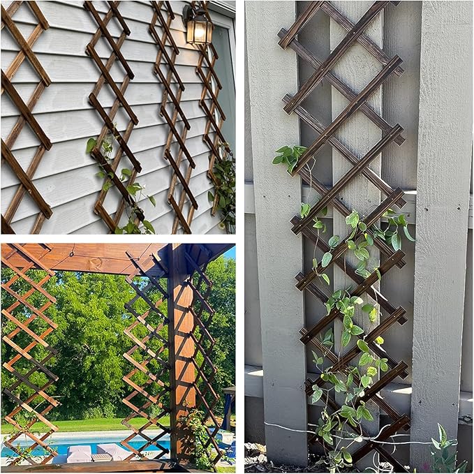 4 PCS Expandable Garden Trellis, 12" x 75" Wooden Lattice Fence Wall Panel Stretchable Decorative Fences Lattice Trellis for Climbing Plants Outdoor Ivy Vine Rose Clematis Garden Patio Room Decor (4)