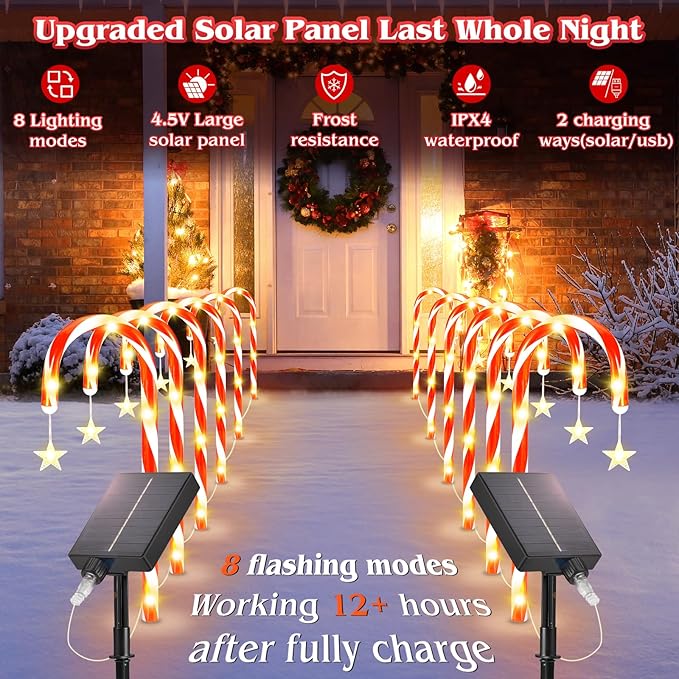 19.3in Christmas Solar Candy Cane Lights, 20 Pcs Pathway Light with Snowflake 8 Flashing Modes, Outdoor Christmas Decorations for Outside Path, Walkway, Driveway, Sidewalk, Porch, Yard, Garden
