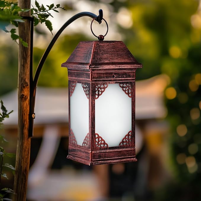 14" Solar Lanterns Outdoor Waterproof, Glass Flickering Flame Solar Lantern, Hanging Metal Lantern Decorative for Patio Front Porch Garden Backyard Tabletop Party Decoration