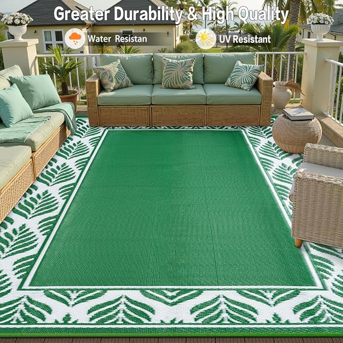 8x10 Patio Waterproof Outdoor Rug Outrside Camping Carpet RV Area Rug Reversible Green Rugs for Deck Entryance Porch Picnic Balcony Beach