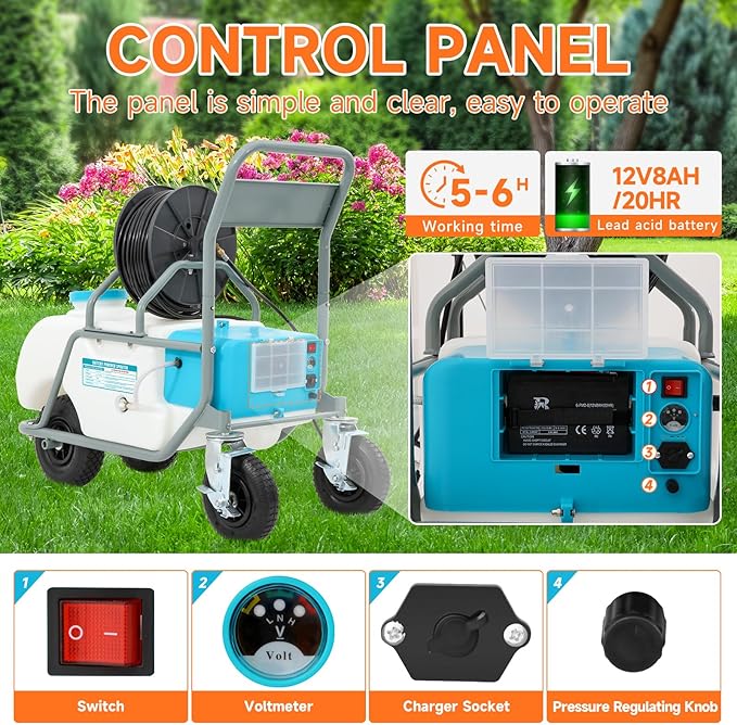 16 Gallon Battery Powered Sprayer,90 PSI Electric Pump,6 Hours Long Battery Life,12V 8Ah Battery,Adjustable HD Wand and 10 Nozzles,Portable Sprayer with Wheels for Lawn & Garden Spraying, Cleaning