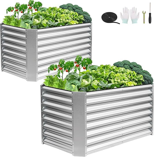 4x2x2ft (2 Pack) Raised Garden Bed - Galvanized Deep Root Planter Boxes Outdoor with Wing Nuts and Safety Edges for Gardening Vegetables, Flowers, Herbs, Succulents - Silver