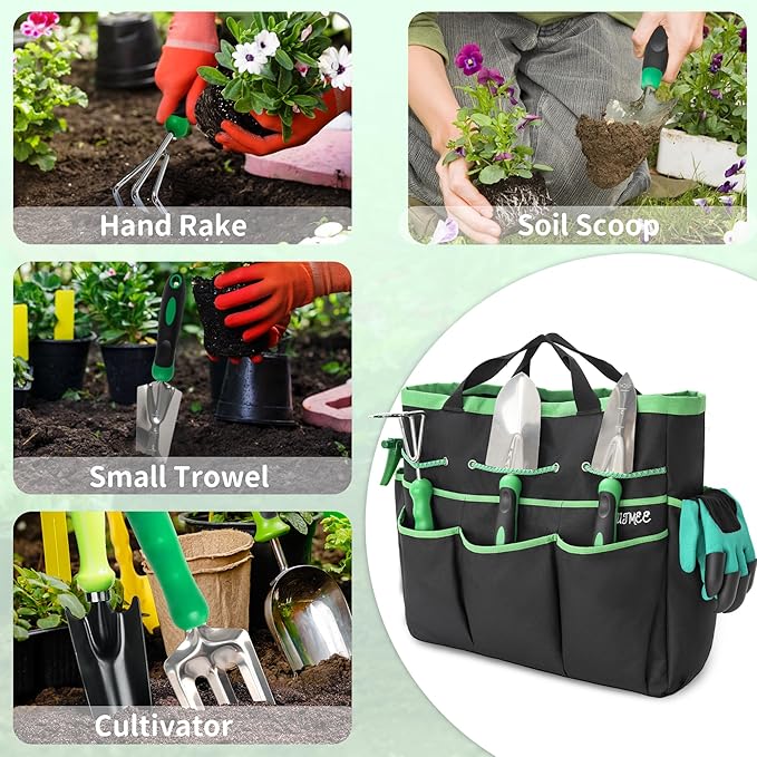 Garden Tool Set with Bag and Gloves, Heavy Duty Stainless Steel Gardening Tool Set, Ideal Gardening for Women and Men, Set of 9