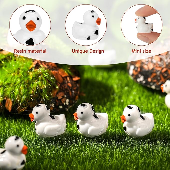 50 Pcs Mini Resin Ducks, Cute Tiny Cow Ducks, Mini Cow Resin Duck Bulk, Fun Cow Print Duck Miniature Duck Figurines, Cow Theme Mini Black White Cow Resin Ducks for Micro Landscape Dollhouse