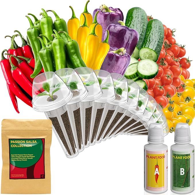 inbloom Passion Salsa Seed Pod Kit for AeroGarden, 12 Pods Hydroponic Supply with Vegetable Seeds of Red Chili,Green, Yellow, and Purple Bell Pepper, Red/Golden Cherry Tomato, Cucumber