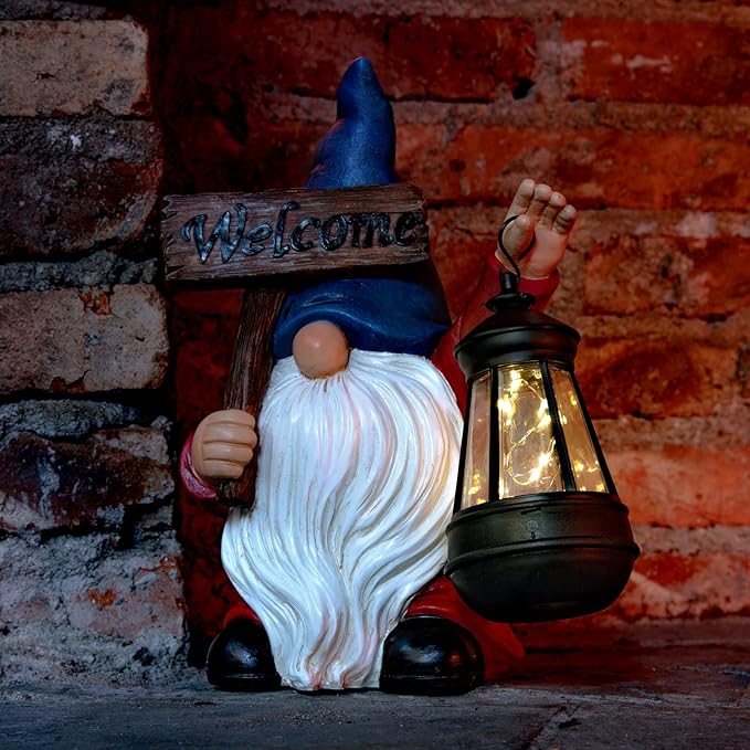 Garden Gnome Outdoor Decoration Solar Gnomes Statue with Lantern LED Lights,Terrace Courtyard Lawn Patio Porch Decoration Christmas Housewarming Gift for Woman Mom, Gnome Blue
