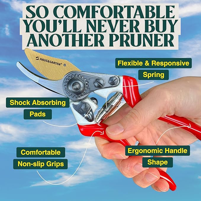 Haus & Garten PrecisionPRO 8" Titanium Pruning Shears - Heavy Duty Professional Bypass Pruner - Use As Rose Clippers, Premium Gardening Secateurs, Garden Scissors, Handheld Yard, Tree, & Plant Tool