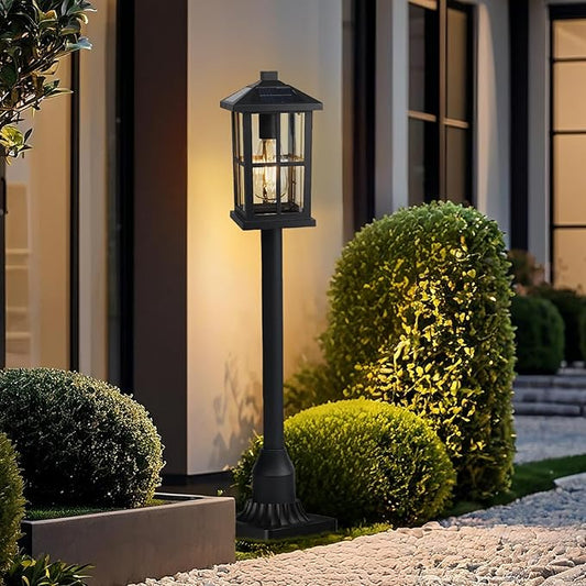 31" Solar Pathway Lights Outdoor, Dusk to Dawn Aluminum Lamp Post with Remote Control & Pole Mount Base - IP44 Waterproof, 3 Brightness Modes for Lawn, Patio, Driveway, Garden Decoration