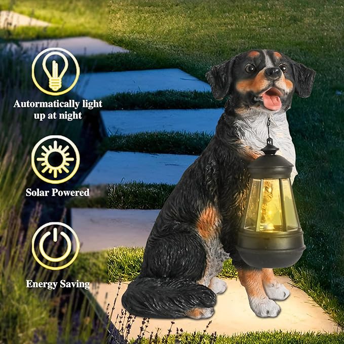 Afirst Dog Garden Statue - Outdoor Decor with Solar Lantern Lovely Bernese Mountain Dog Figurine Patio Lawn Yard Art Ornaments Housewarming Gift