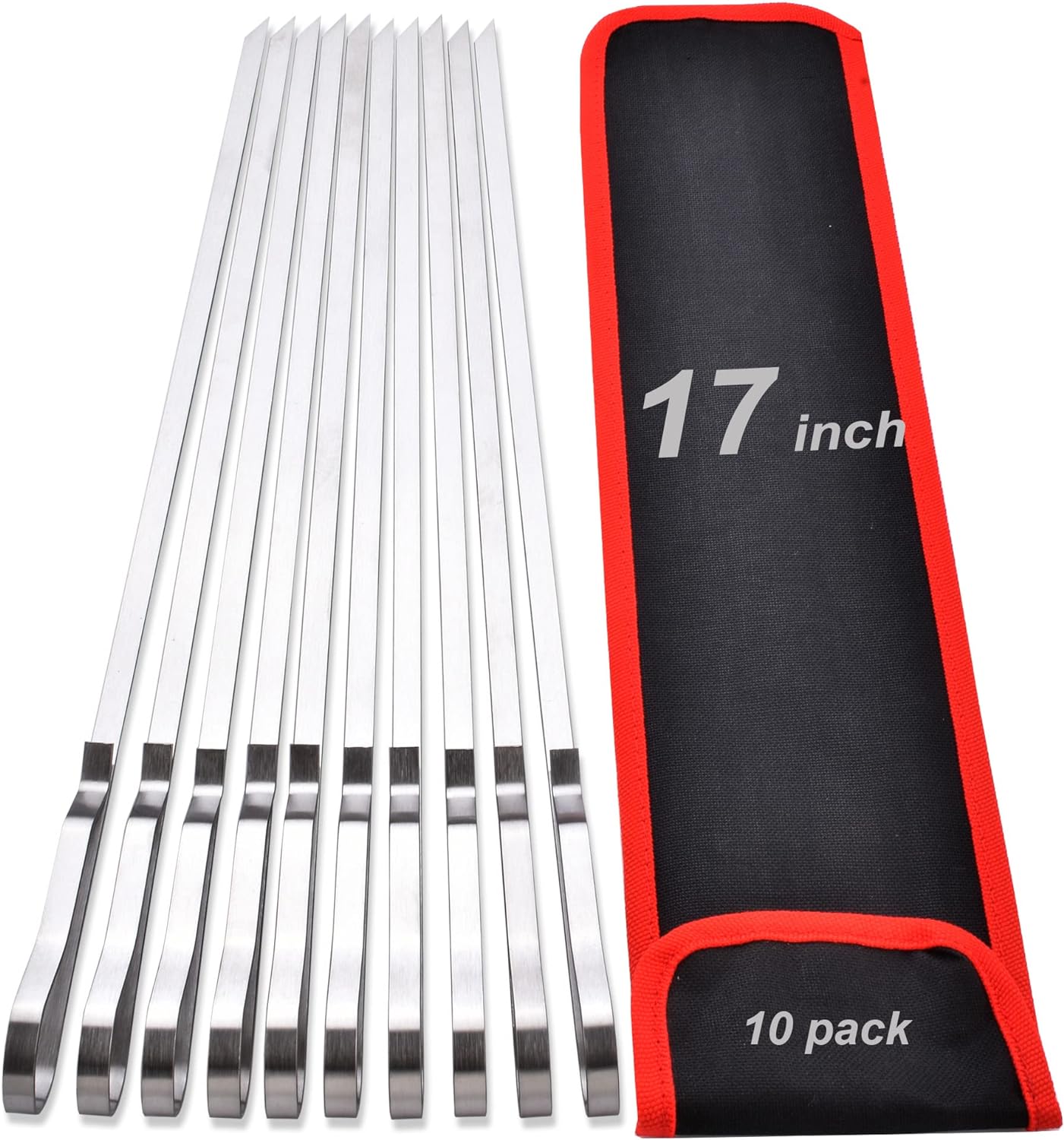 17 Inch Long Stainless Steel Skewers for Kabobs,HONSHEN Flat Shish Kabob Barbecue Skewers with Storage Bag - Metal BBQ Skewers for Grilling Meat, Chicken, Shrimp, Vegetables - 10 Pack