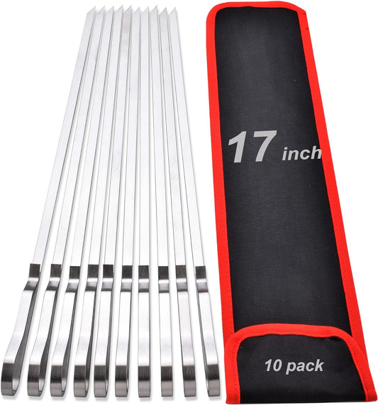 17 Inch Long Stainless Steel Skewers for Kabobs,HONSHEN Flat Shish Kabob Barbecue Skewers with Storage Bag - Metal BBQ Skewers for Grilling Meat, Chicken, Shrimp, Vegetables - 10 Pack