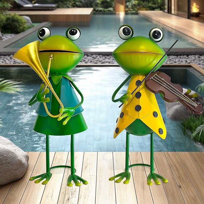HONGLAND Frog Metal Yard Art - Metal Frog Outdoor Statue - Frog Garden Decorations - 3D Frog Figurine - Christmas Holiday Lawn Patio Yard Garden Decor Gardening Gifts for Women (Violin)