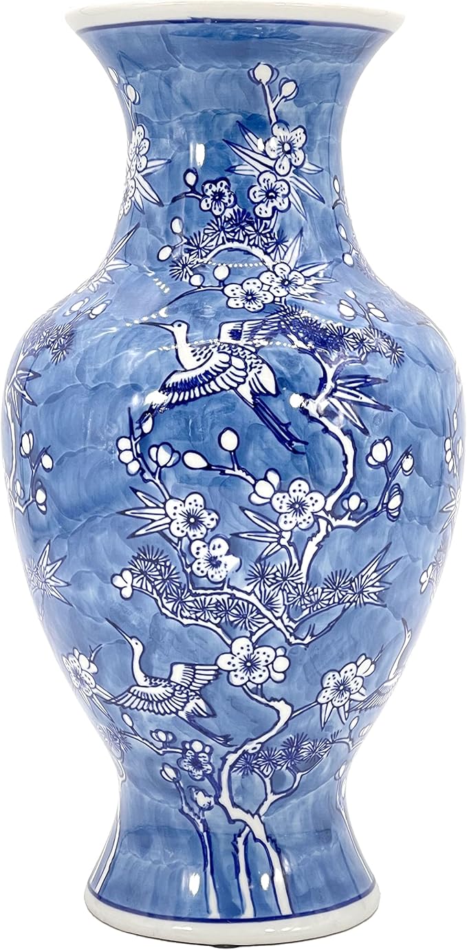 Galt International White & Blue Floral Crane Chinoiserie Ceramic Vase 14" - Hand Painted Antique Style Porcelain Bird & Flower Bottle Fishtail Porcelain Chinese Vase for Home Decor Centerpiece