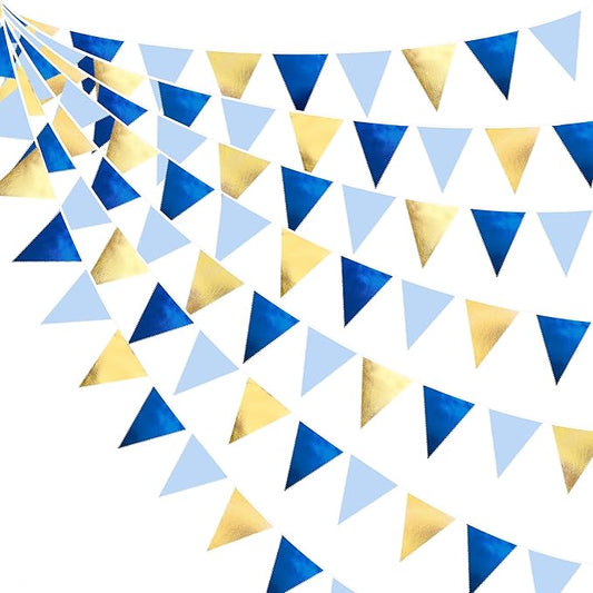 Gold Blue Party Decoration Gradient Blue and Gold Triangle Pennant Banner Flag Metallic Fabric Bunting Garland for Nautical Ahoy Achor Birthday Graduation Retirement Wedding Baby Shower Party Supplies