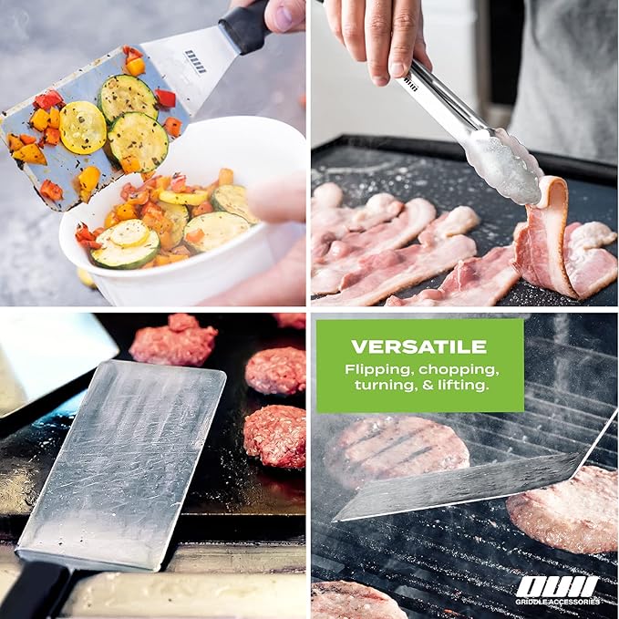 Griddle Accessories Kit for Blackstone and Camp Chef - 6 Pieces Griddle Spatula Set with 4x8 Inches Supersize Griddle Flipper, Turner, Metal Spatulas, Bottles & Hooks for Hibachi Grilling