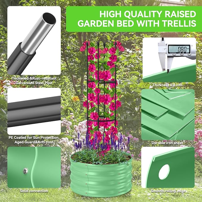 1 Pack Raised Garden Beds Outdoor, Galvanized Metal Raised Garden Bed with Trellis, 23.6x23.6x60in Tomato Cages for Garden Planters Box with Trellis for Climbing Plants Vegetable Vine Flowers