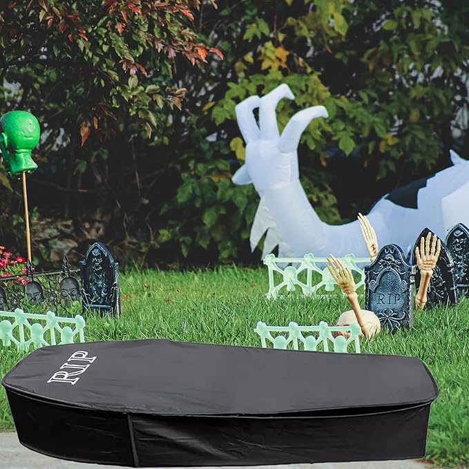 Halloween Pop Up Coffin with Lid, 60 inch Coffin Prop life size Collapsible, Scary Fake Coffin Prop Really Size for Graveyard, Halloween Cemetery decorations Outdoor, Lawn, Party, Haunted House