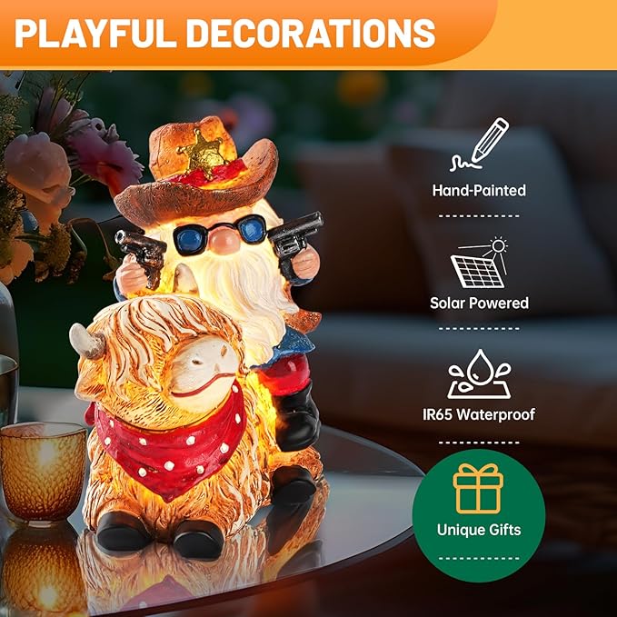 Garden Gnome Statue on Highland Cow with Solar Lights – Funny Outdoor Resin Decor for Patio, Lawn, Yard – Unique Gift for Women, Grandma, Mother's Day, Birthday, Housewarming