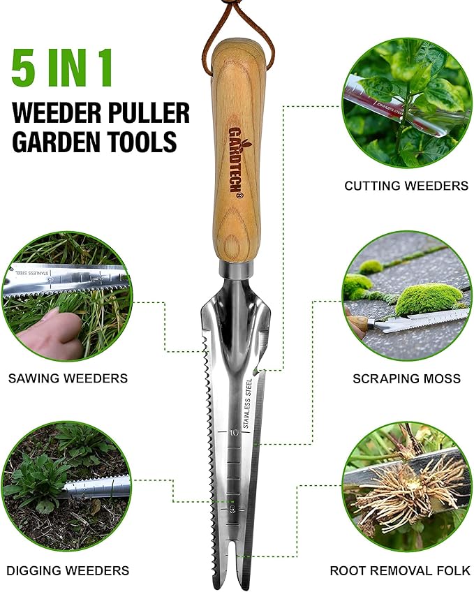 Gardtech Garden Tool Set, 5 Pcs Gardening Tool Set with Weeder Puller, Dibber, Transplanter, Big Trowel, 5-Claw Cultivator - Wooden Handle Heavy Duty Stainless Steel Gardening Hand Tools