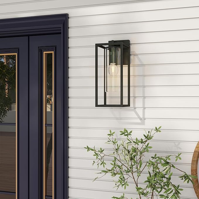 15.7 Inch Outdoor Wall Lights, Outdoor Wall Lantern with Circular Clear Glass Shade, Waterproof Exterior Lighting Fixtures, Modern Front Porch Lighting for House, Garage, E26 Base, ETL Listed, Black