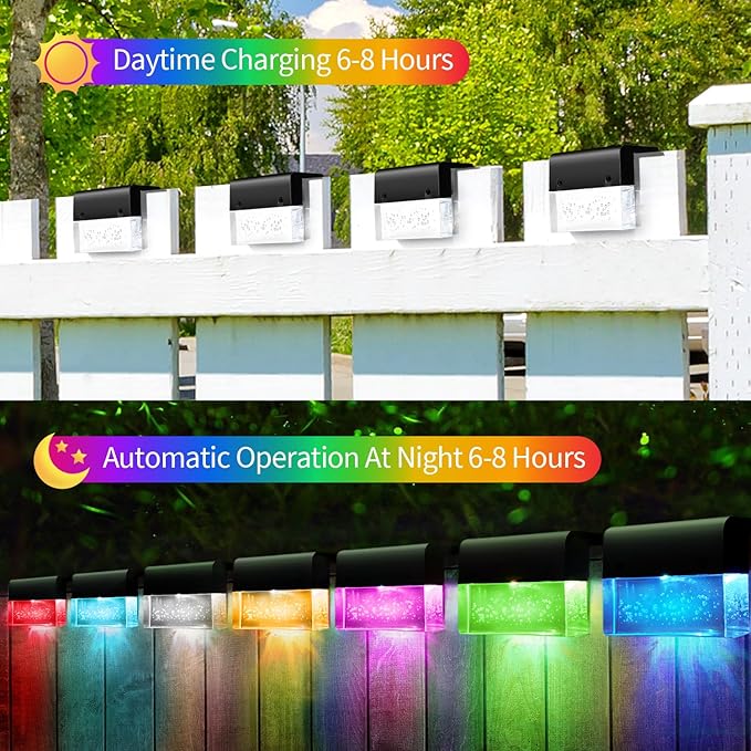 4 Pack Solar Fence Lights, 2 Lighting Modes Step Lights Outdoor, Acrylic Bubbles LED Super Bright Waterproof Solar Deck Light for Outside Stair Fence Step Pool Backyard Decor (Warm White/7 Color)