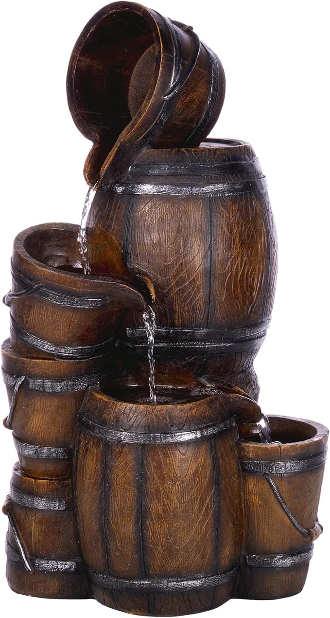 Alpine Corporation ZEN409S 24" Indoor/Outdoor Floor Tiered Barrels and Buckets Fountain, Rustic 4-Tier – Water Feature for Garden, Patio, and Home Décor, Brown