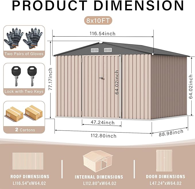8x10 FT Metal Storage Sheds Outdoor, Metal Yard Sheds Garden Shed Kit, Tool Shed with Lockable Door, Utility Sheds Buildings with Air Vent for Backyard Garden Patio Lawn
