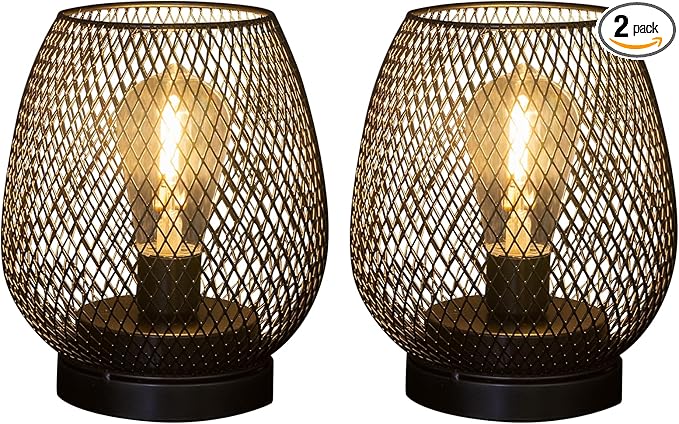 2 Pack Battery Operated Lamp Outdoor Table Lantern,Metal Cage Cordless Lamps with LED Bulb for Weddings Parties Patio Events Indoor Outdoor Patio Bedroom Living Room（Black