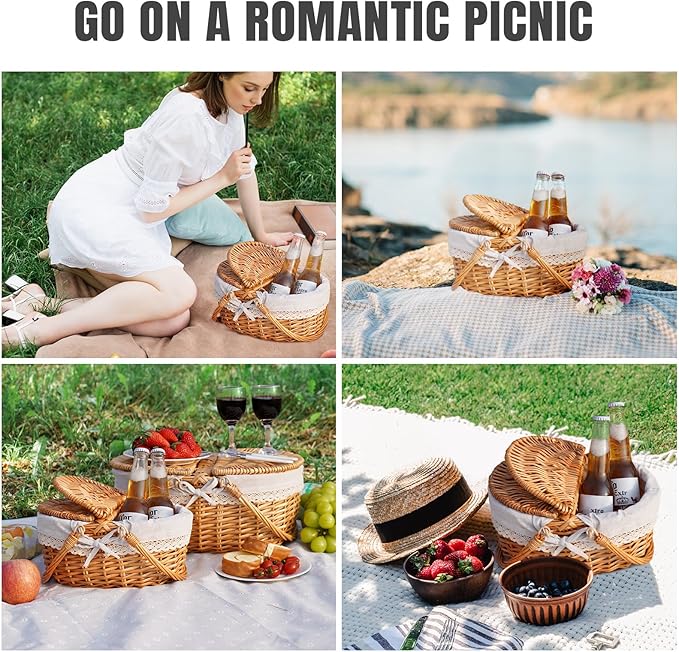 Happypicnic 12" Picnic Basket - Small Wicker Basket with Foldable Handle Lid & Removable Liner | Cute Picnic Basket Toy Empty for Kids, Gift, Halloween, Christmas, Valentines, Easter, Birthday, Solid