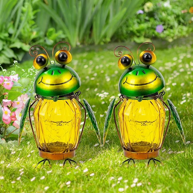 2 Pack Solar Lanterns Outdoor Waterproof Frog Hanging Solar Lantern, LED Glass Jar Outdoor Lanterns, Garden Lantern Lights for Yard Tree Table Xmas Metal Decoration