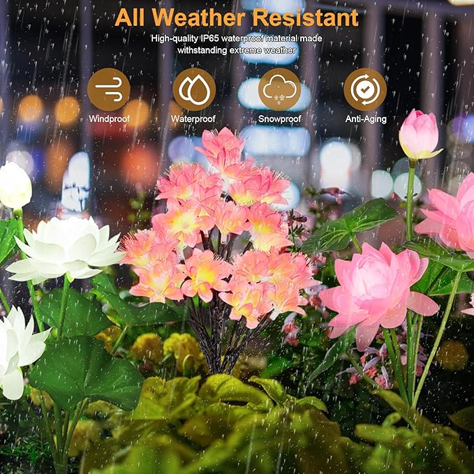 4pack Solar Flower Lights Outdoor Waterproof IP65,Solar Lotus &Peachblossom Garden Decorative Lights Led Flowers Decor Auto On/Off Bright Up to 12Hrs