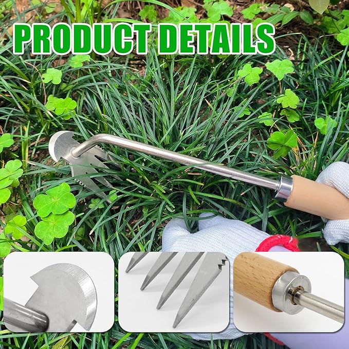 Amposei Weeding Artifact Uprooting Weeding Tool, Multifunctional Weeder, Hand Weeder Tool, Stand Up Weed Puller Tool with Handle for Garden Yard Farm Weed Removal (11in, Wood 2PCS)