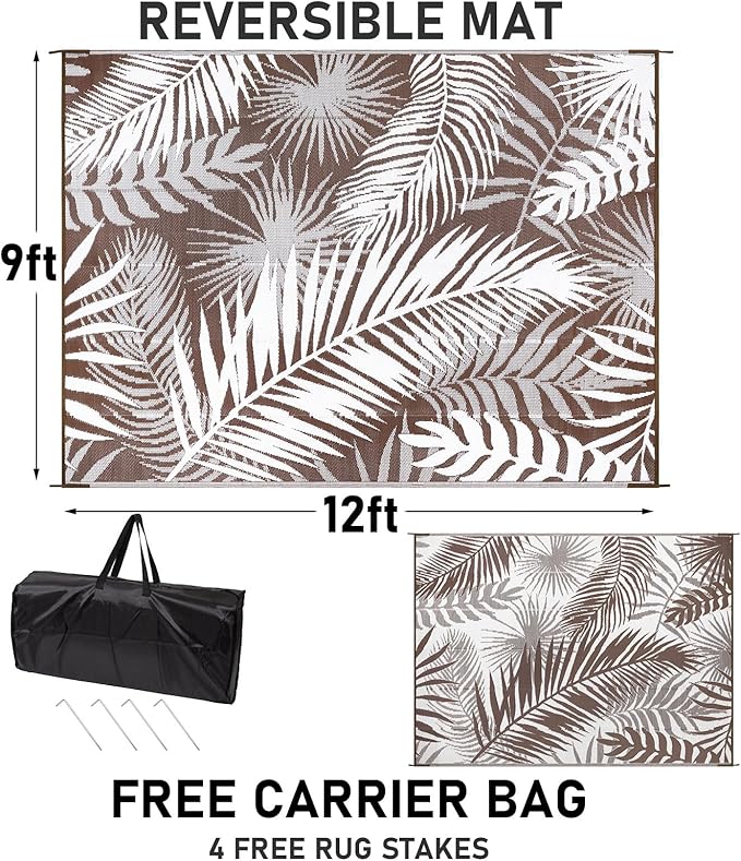 HiiARug Outdoor Rugs 9'x12' for Patios Clearance Brown Reversible Outdoor Rug, Outdoor Plastic Straw Rug RV Camping Rug Large Outdoor Mat for RV, Patio, Backyard, Deck, Picnic, Beach, Trailer, Camping