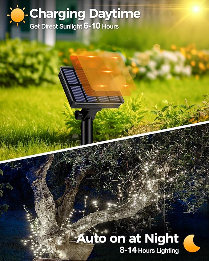 1 Pack Solar Fairy Lights for Outside Waterproof, 49FT/15M 150LED Solar String Lights Outdoor 8 Modes Solar Twinkle Lights for Garden Yard Christmas Tree Wedding Party Decor, Cool White