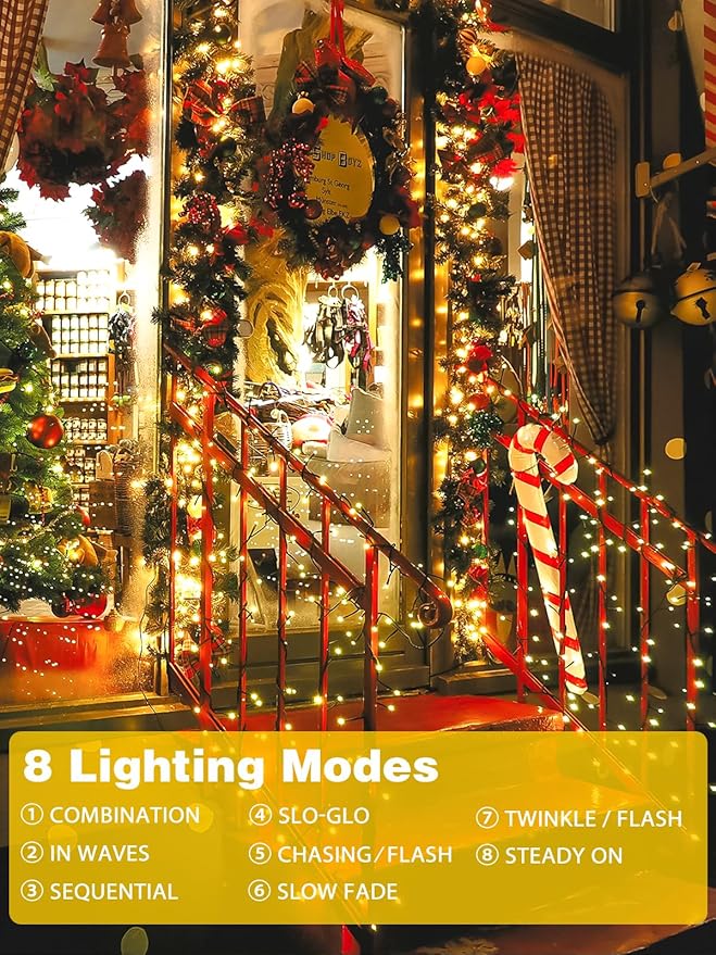 2 Pack 200 LED Solar String Lights for Outside, Solar Christmas Lights Outdoor Waterproof, Solar Outdoor String Light with 8 Lighting Modes for Xmas Tree Wedding Party Garden Decorations (Warm White)