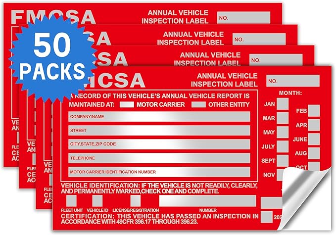 50-Pack Annual Vehicle Inspection Label 1.6 mil Aluminum Red FMCSA Label with Permanent Self Adhesive 6" x 3.5" DOT Compliant