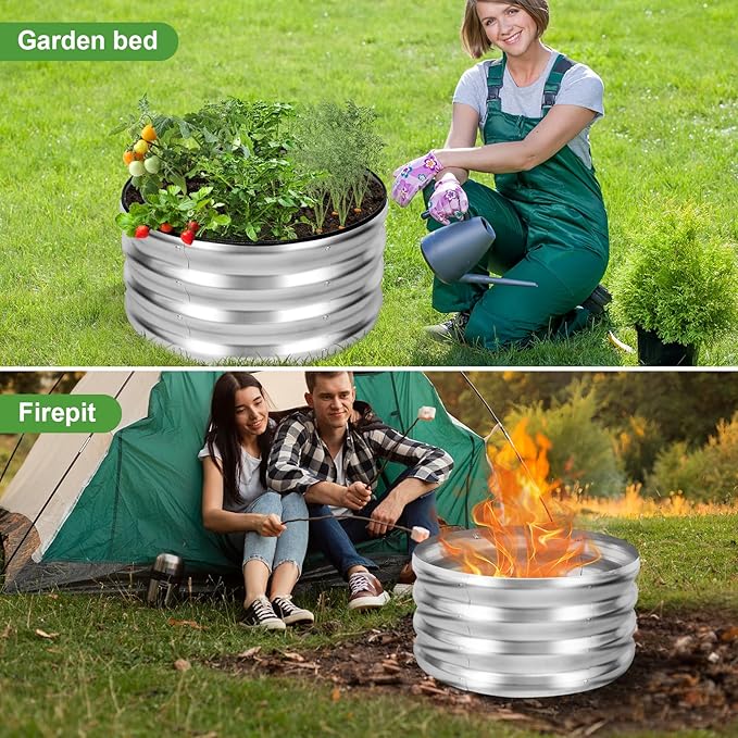 Galvanized Raised Garden Bed- 2Pcs 2x2x1FT Metal Planter Boxes Outdoor | Round Steel Raised Bed Kit & Fire Pit Ring for Gardening with Protective Tape, Gloves for Vegetables, Flower (Sliver)