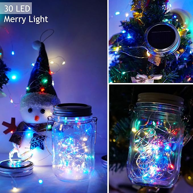 30 LED 10 Packs Mason Jar Lights with Hangers Colorful Solar Mason Jar Lids Fairy String Light Outdoor for Patio Yard Garden Decor Christmas Wedding Party Lights (NO Jars)
