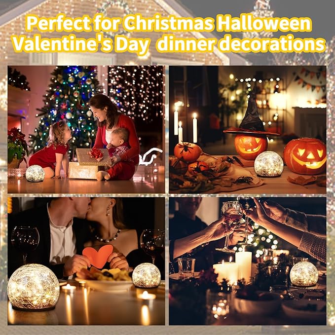 Garden Decoration, Cracked Glass Solar Globe Lights for Yard Pathway Patio Halloween Christmas Outside Decor,Warm White 2 Pack 50 LED(4.7”)