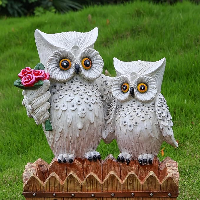 Garden Owl Statue Planter Outdoor - Large Owl Welcome Statue Tall Decor Fake Owls to Scare Birds Outdoor Sculptures for Patio Porch 25.2inch, White