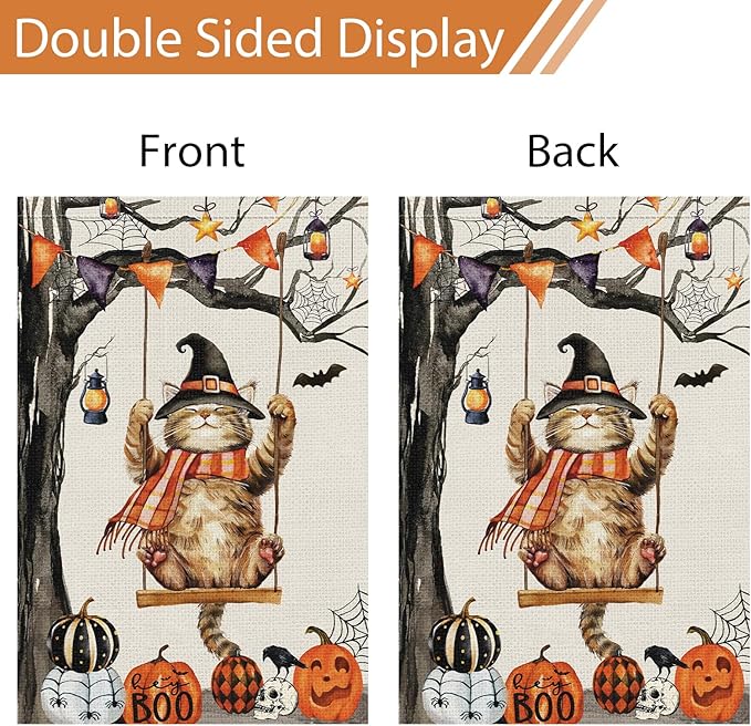 Heyfibro Halloween Cute Cat Swing Garden Flags 12 x 18 Inch Vertical Double Sided Burlap, Pumpkin Skull Bat Yard Flag for Seasonal Fall Thanksgiving Farmhouse Decoration(ONLY FLAG)